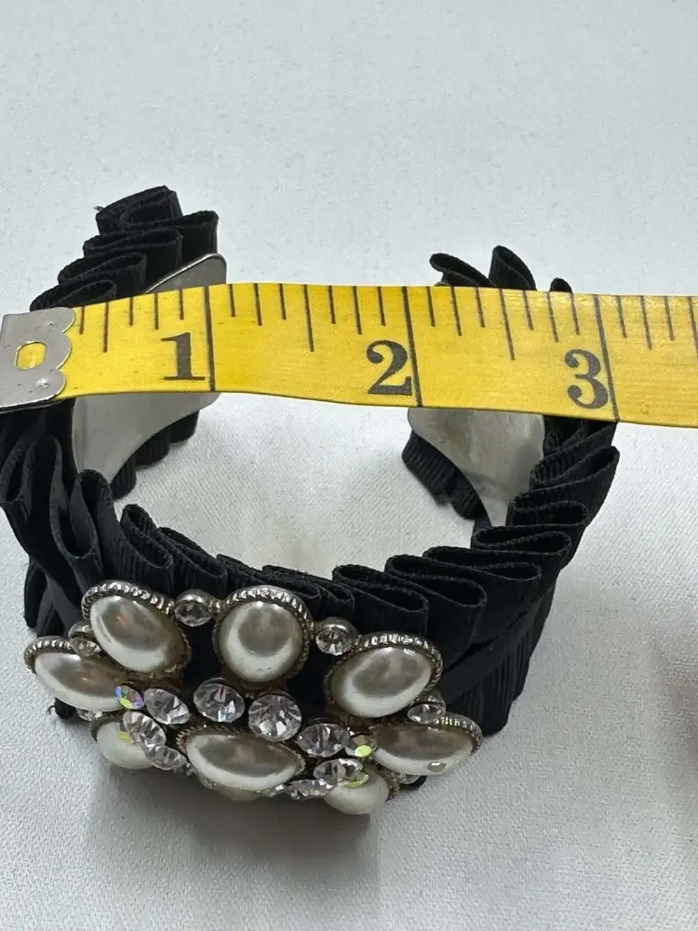 Black Pleated Ribbon Cuff Bracelet Cream Faux Pearl Rhinestone Costume Jewelry
